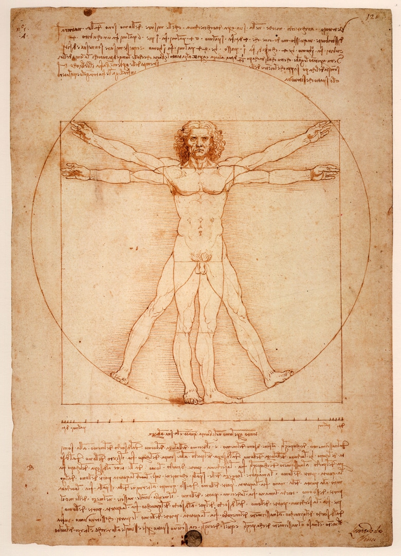 "Uomo vitruviano" è un disegno a penna e inchiostro su carta (34x24 cm) databile al 1490 circa, conservato nel Gabinetto dei Disegni e delle Stampe delle Gallerie dell'Accademia di Venezia. Celeberrima rappresentazione delle proporzioni ideali del corpo umano