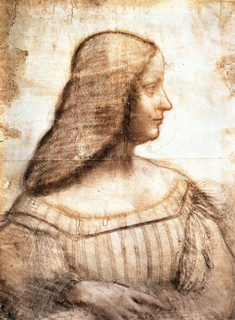 "Ritratto di Isabella d’Este" è un disegno preparatorio eseguito a carboncino, sanguigna e pastello giallo su carta (63x46 cm), databile al 1500 circa e conservato nel Louvre a Parigi.