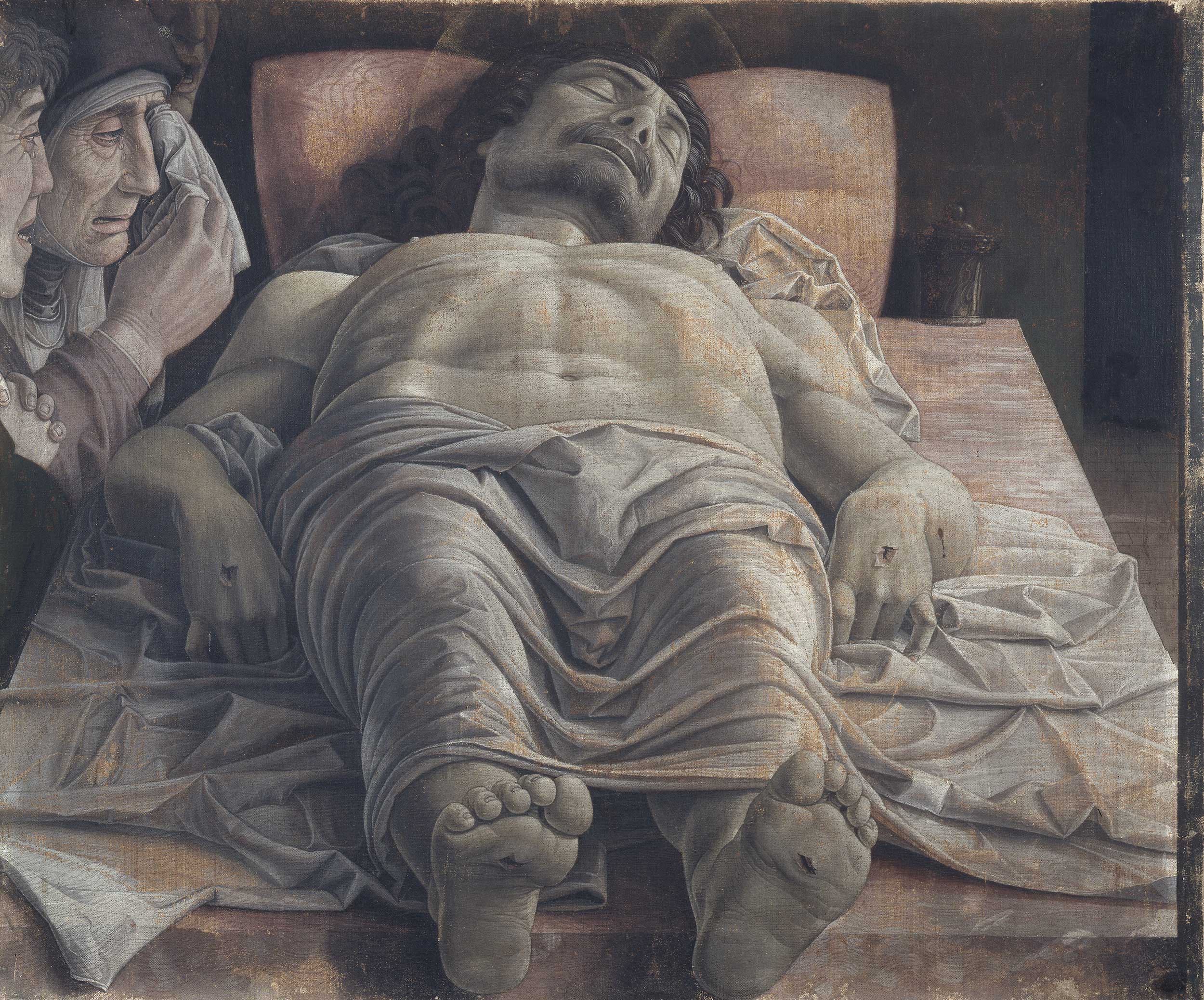 Andrea Mantegna, Cristo morto nel sepolcro e tre dolenti, 1483 ca., tempera su tela, cm 68 × 81