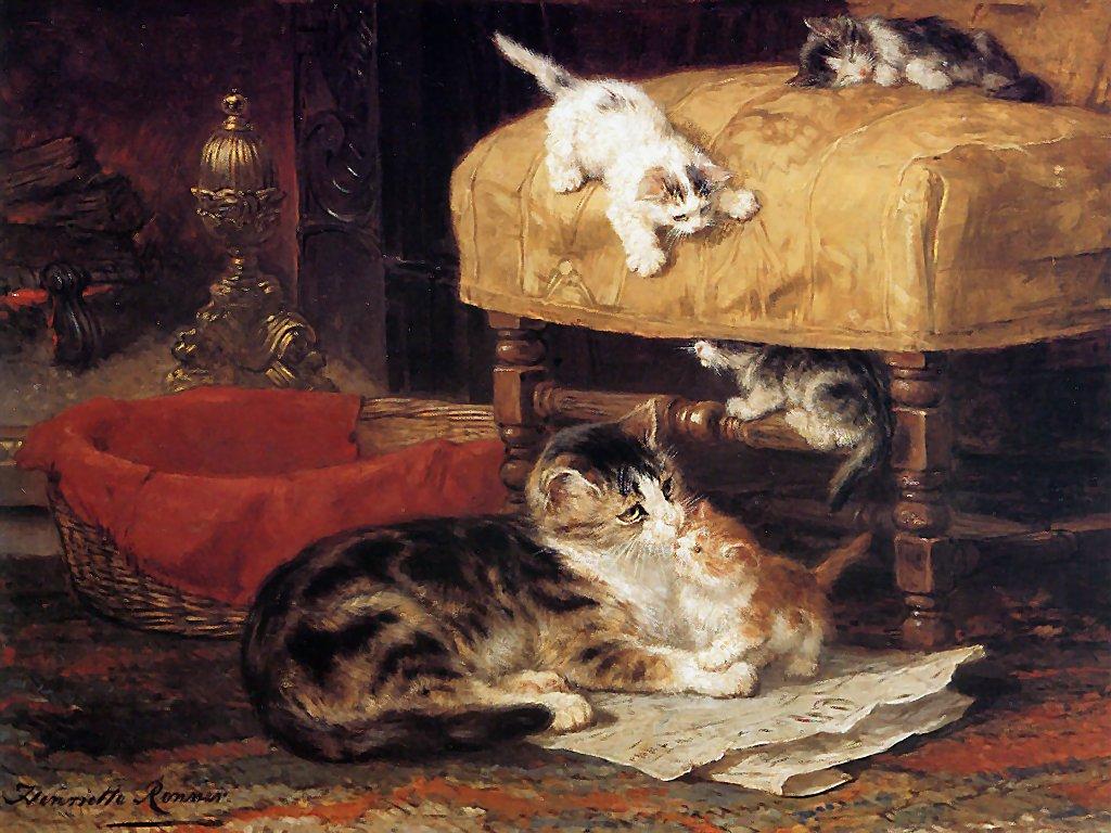 Henriëtte Ronner-Knip, Davanti al camino, non datato, olio su tela, Collezione privata