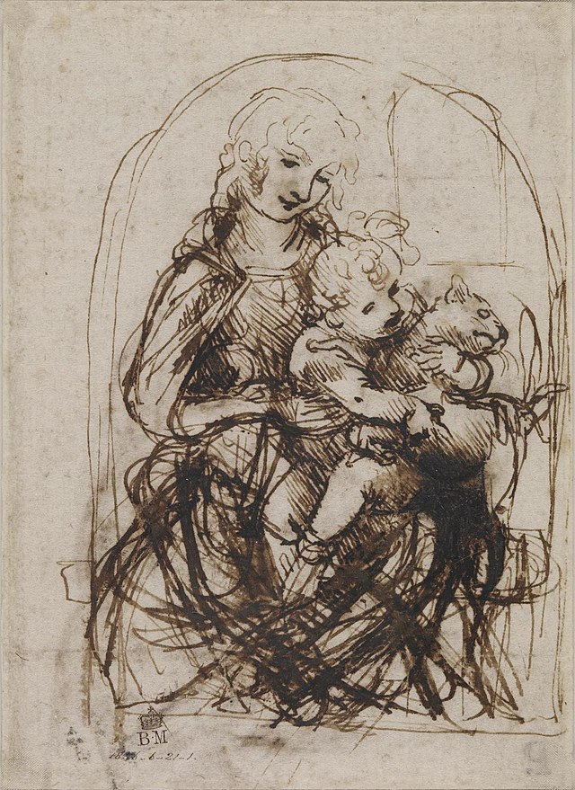 Leonardo da Vinci, Studio per la Madonna del gatto (verso), 1478-1481, inchiostro e bistro su carta, Londra, British Museum