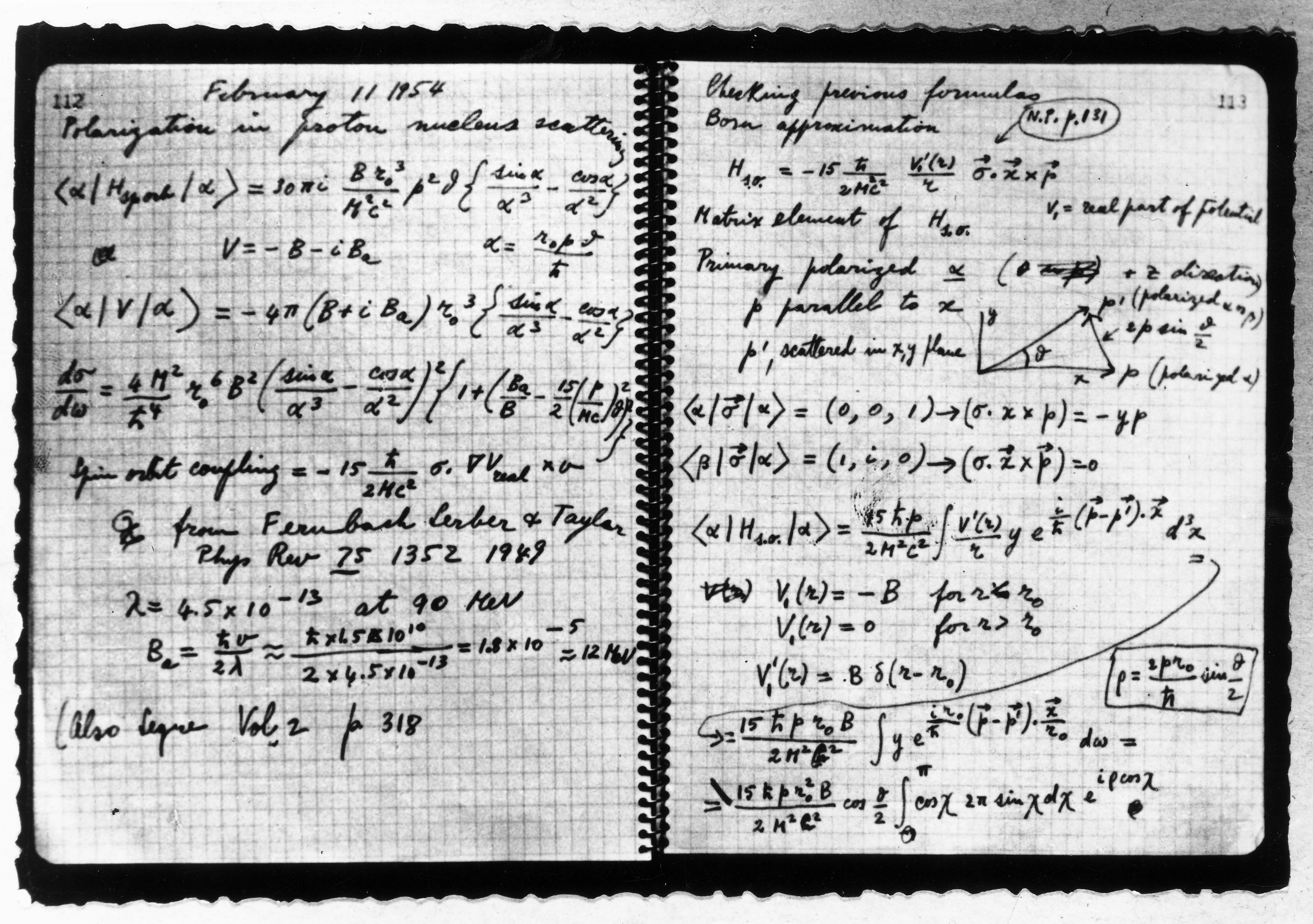 Due pagine del taccuino di Enrico Fermi sulla polarizzazione in una collisione protone-nucleo. Los Alamos, febbraio 1954